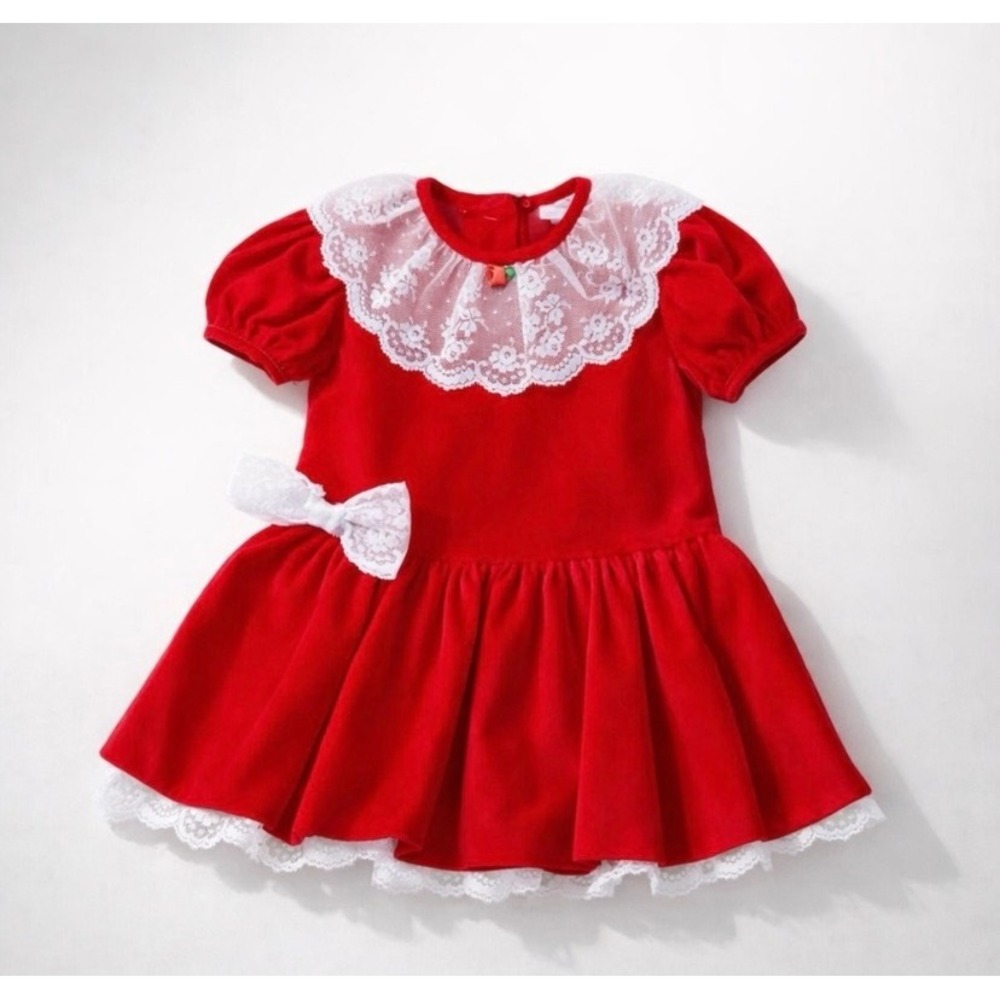 Jo Lene Vintage Red Velvet Lace Dress 2T Retro Coquette Holiday Cottagecore 90s